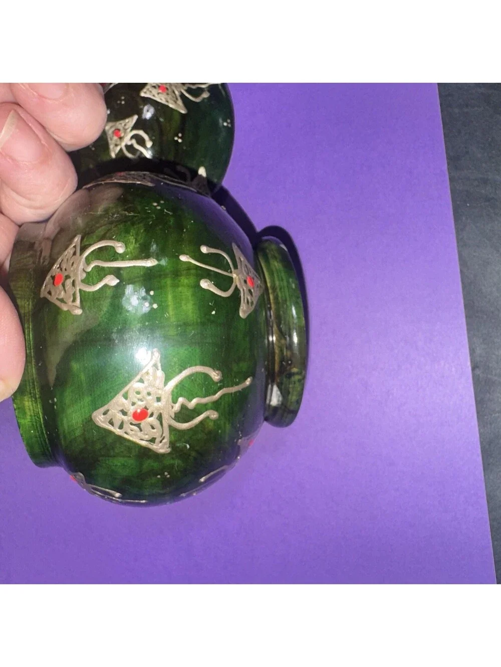 Vtg. Hand Painted Green Wooden Lidded Jar Apothecary Trinket Box Folk Art 4.5”